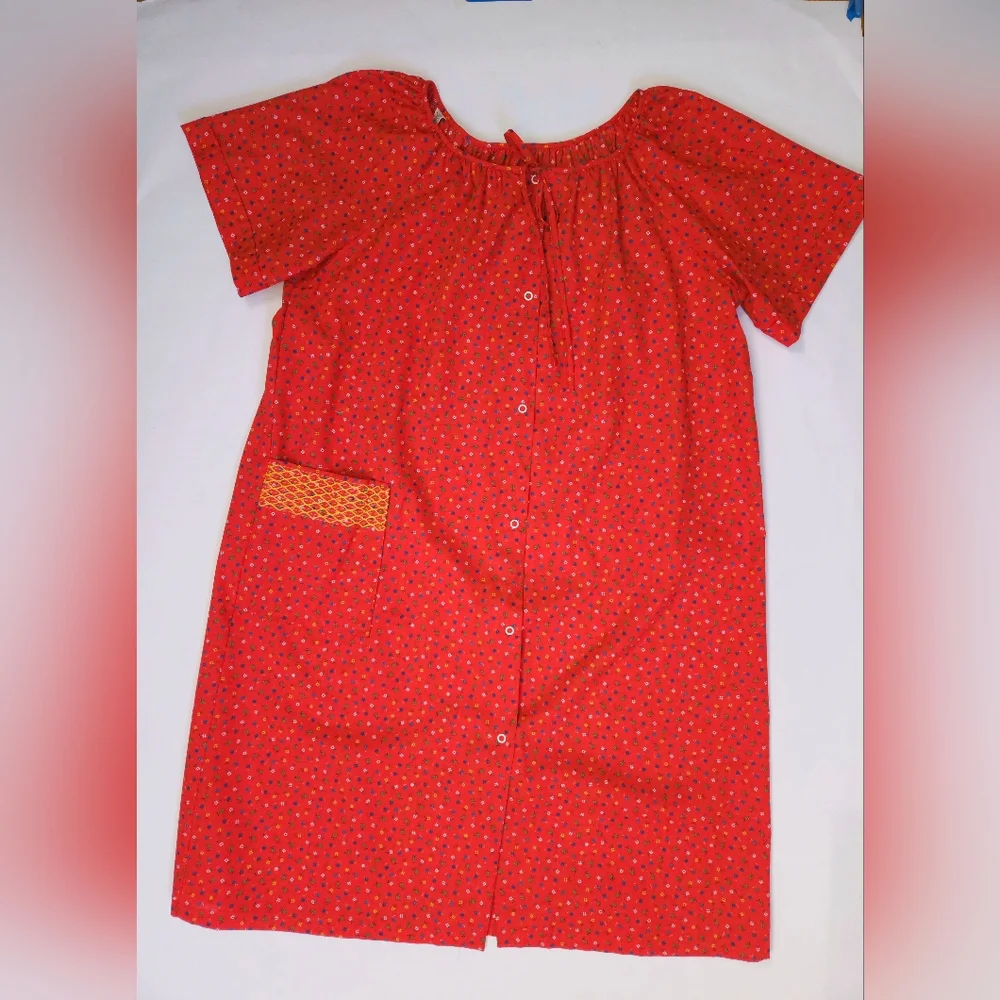 Vintage 80s Red Floral Snap Smock Craft House Dress Apron Womens Large - Picture 5 of 14